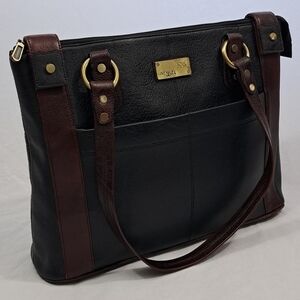 BESSEL Black & Brown Genuine Leather Shoulder Bag – Multi-Pocket, Brass Hardware